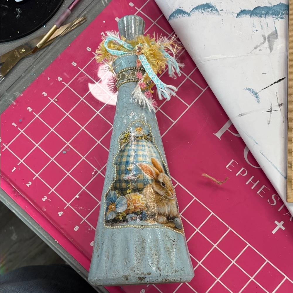 Hand-Painted Bunny Decoupage Decorative Bottle - Blue